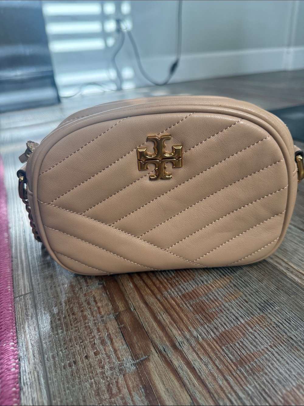 Tory Burch Quilted Crossbody Camera Bag in Nude Beige with Gold Logo